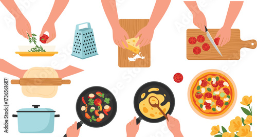 Cooking hands preparing fresh ingredients, slicing tomatoes, grating cheese, rolling dough, frying eggs, stirring vegetables, making pizza, kitchen teamwork, culinary process