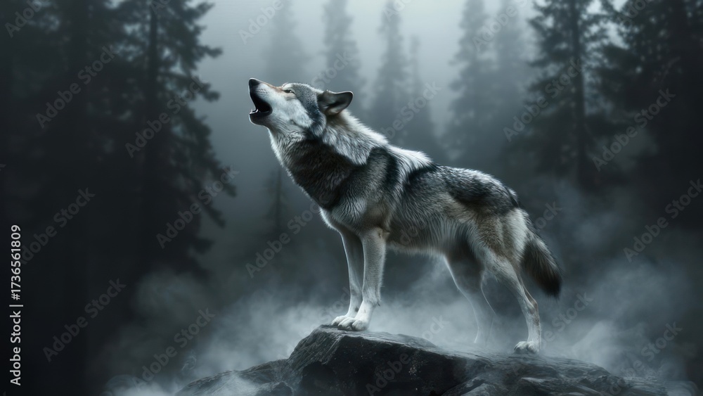 Naklejka premium Majestic Wolf Howling in Misty Forest at Night.