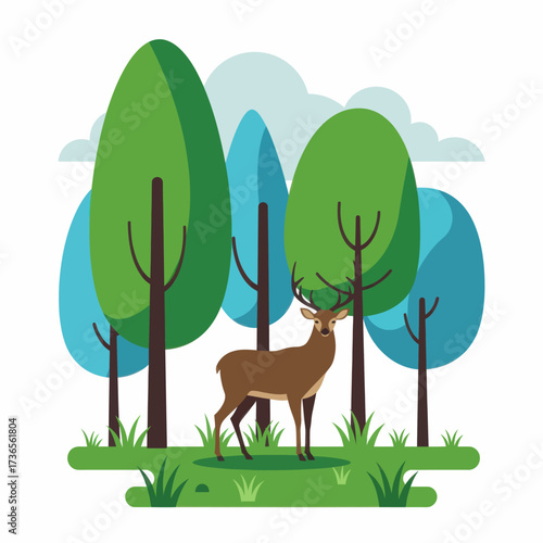 Majestic brown stag with prominent antlers in a vibrant, flat design woodland illustration.