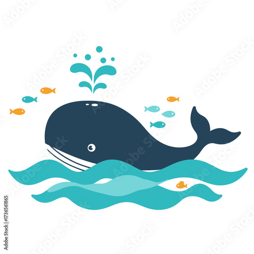 Playful Cartoon Whale with Water Spout, Swimming in Turquoise Ocean Waves.