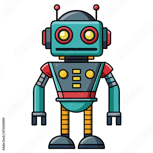 Friendly cartoon robot ready for adventure, a vintage style character perfect for kids' stories, futuristic designs, and playful tech concepts, a charming design