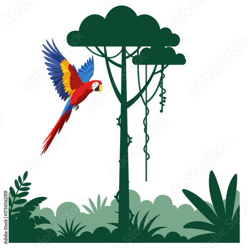 Vibrant Macaw Parrot in Flight Beside a Stylized Green Jungle Tree Silhouette.