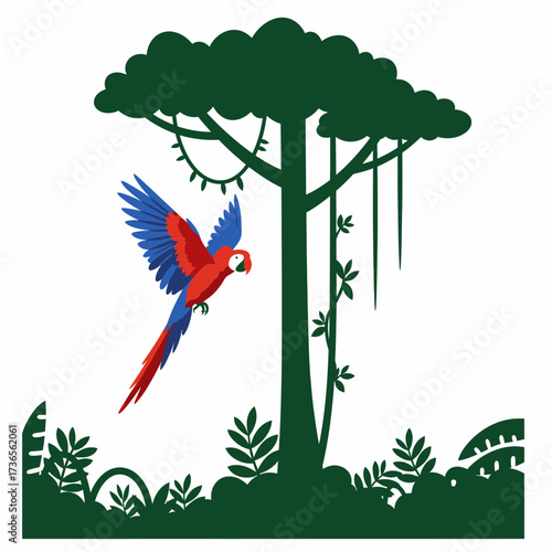 Vibrant Red and Blue Macaw Flying in a Stylized Tropical Jungle Scene.