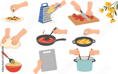 Cooking hands preparing fresh ingredients, slicing vegetables, kneading dough, stirring sauce, grating cheese, seasoning food, homemade recipes, culinary kitchen illustration