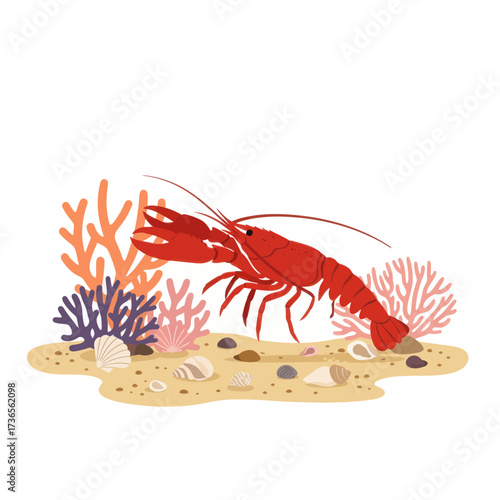Vibrant Red Illustrated Lobster with Prominent Claws and Long Antennae.