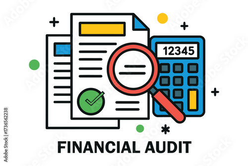 Financial audit concept with documents magnifying glass and calculator