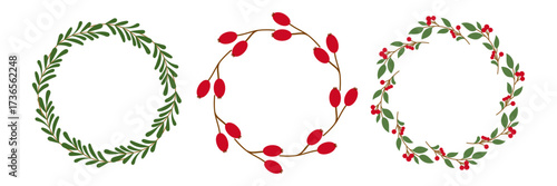 Vector set of Christmas wreaths with winter greenery and red berries. Holiday circle frames. Perfect for decoration, greeting cards, invitations, posters, and festive seasonal design.
