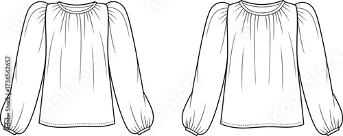 Elegant blouse fashion sketch, long sleeve gathered design, puff sleeve illustration, round neckline pleated top, garment flat drawing, clothing pattern template