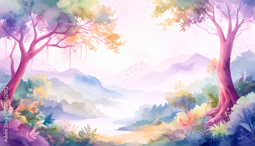 Colorful fantasy forest landscape. Dreamy landscape with vibrant trees. Magical forest. Vibrant pastel landscape with trees. Enchanted dreamy forest scenery. Fantasy-inspired colorful landscape view