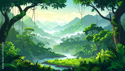 Lush jungle paradise river scene. Tropical rain forest in morning light. Vibrant river through dense jungle. Scenic lush landscape with water. Nature beauty, jungle river view. Green jungle paradise
