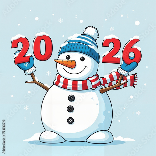 Cute Snowman Cheerful Holding 2026 Digits, Flat Vector Cartoon Illustration, in a Snowy Winter Scene