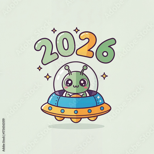Cute Kawaii Alien in Tiny Spaceship Celebrating 2026 with Copy Space