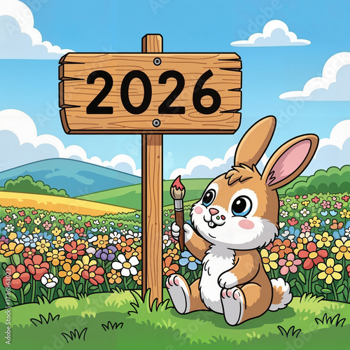 Cute bunny cheerfully painting the year 2026 on a wooden sign in a vibrant flower meadow under a bright blue sky, a flat vector creation with copy space.