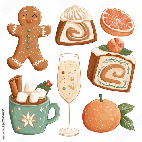 Collection of New Year treat elements on white background, suited for holiday card creation and festive packaging projects