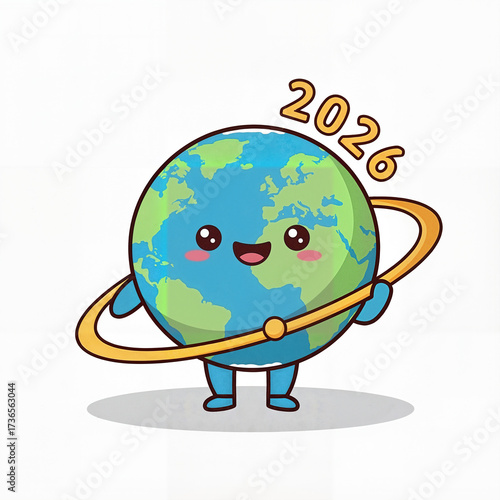 Friendly Kawaii Earth Planet Happy with 2026 and Ring against White Background with Copy Space