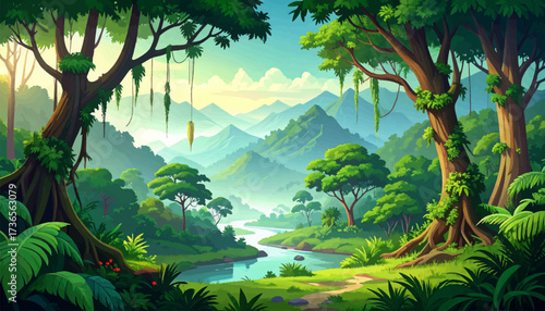 Peaceful river through a vibrant tropical jungle. Tropical jungle with flowing river and mountains. Colorful jungle scenery with winding river. Lush jungle with river and vibrant surroundings