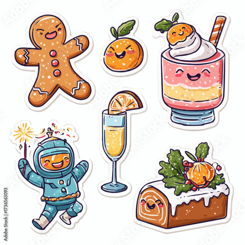 Playful New Year food stickers on white background, ideal for holiday messaging apps and festive social media content