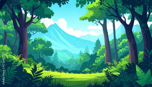 Majestic forest clearing with distant mountains. Green forest and mountains blending in nature. Vivid green forest under a bright sky. Wide open forest view with mountain backdrop.