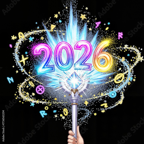 Sparkling Anime Magical Staff Radiating Energy with 2026, vibrant glowing fantasy illustration in multi-colored neon celebrating the New Year, with copy space