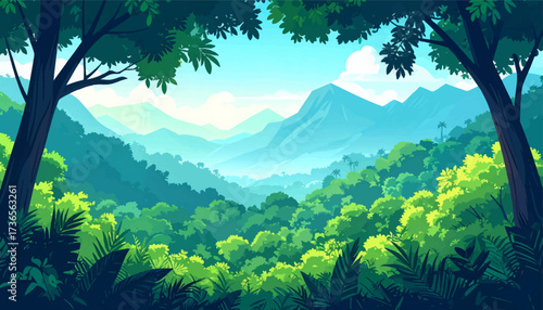 Majestic mountains surrounded by lush jungle. Green jungle valley with distant mountain peaks." Misty mountain and jungle view in daylight. Peaceful jungle landscape with mountain backdrop