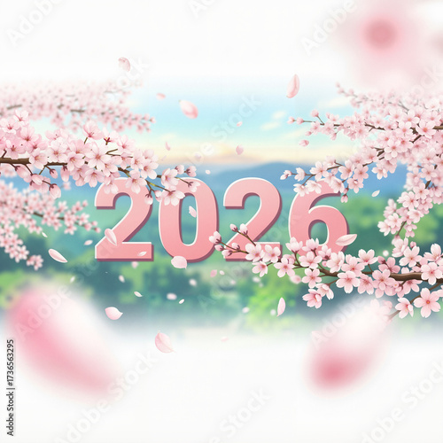 Beautiful anime scene with delicate cherry blossoms and 2026 numbers in soft pink and blue hues, celebrating spring or a new year, with copy space.