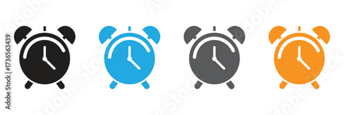 Alarm clock icons in varied colors highlight time management, deadlines and reminders. Perfect for business, education, and personal planning projects.