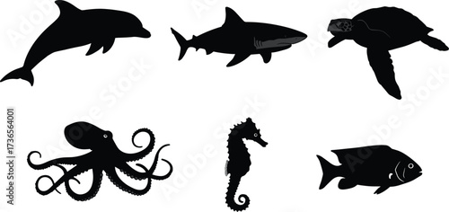 Silhouette marine animals dolphin shark turtle octopus seahorse fish ocean wildlife underwater nature vector illustration design concept sea life art