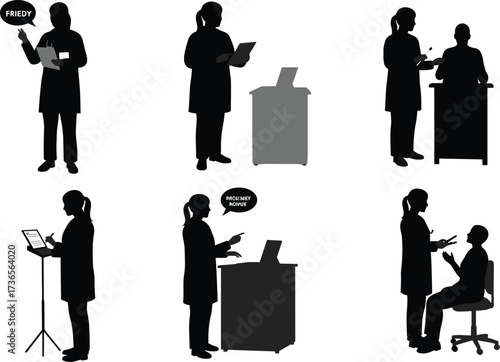 Silhouette medical professionals consulting patients with clipboard and laptop, healthcare workers vector illustration, hospital consultation, doctor nurse teamwork communication scene