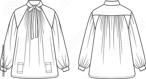 Elegant long sleeve blouse, fashion flat sketch, technical clothing illustration, bow tie neckline, pleated design, garment construction, apparel design drawing