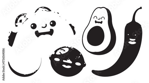 Playful cartoon fruits and vegetables with happy faces