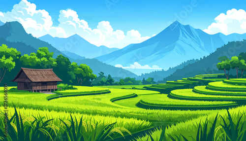 Idyllic Rice Terraces with Traditional House. Mountainous Rice Field with House on Terraces. Scenic Green Rice Terrace Landscape with House. Traditional House Overlooking Terraced Rice Fields