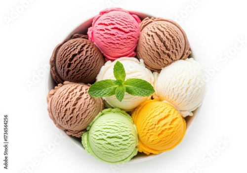 Assortment of colorful ice cream scoops arranged in a bowl isolated on white background