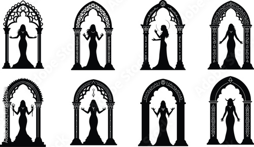 Silhouette mystical women standing in ornate gothic archways with crescent moons horns wings symbolic fantasy cultural vector illustration design