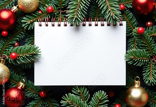 White paper card note with space for text on branch Christmas tree with with red berries and christmas tree decorations.