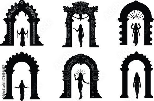 Silhouette mystical women standing in ornate gothic archways with crescent moons horns wings symbolic fantasy cultural vector illustration design