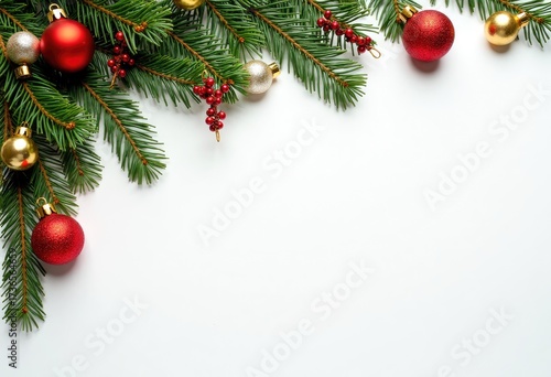 Christmas tree decorations and balls and pine branches top view on white background
