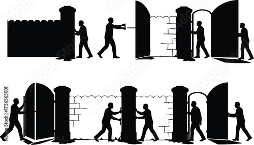 Silhouette people interacting with different gates and doors, pushing pulling walking through arched entrances, architectural design concept vector illustration set