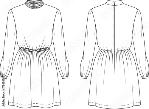 Elegant long sleeve dress flat sketch, fashion technical drawing, gathered waist design, apparel template, clothing illustration, garment construction, vector outline