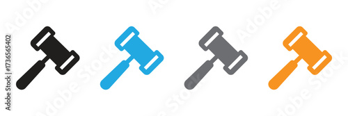 Gavel icons in multiple colors symbolizing legal proceedings, auctions, and authority. Use this eye-catching design to add impact to your legal or financial content.