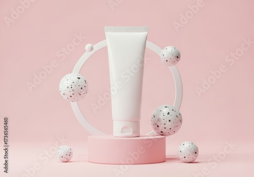 White cosmetic tube on a pink pedestal with decorative elements