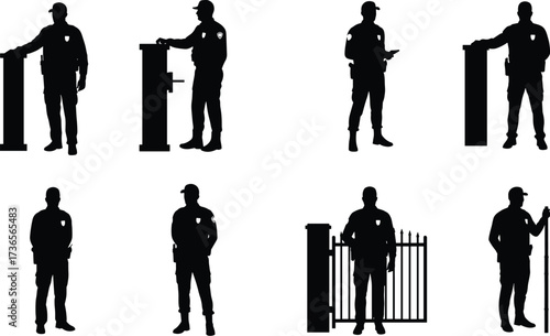 Silhouette security guards standing monitoring scanning and patrolling with equipment at checkpoints gates and access control posts vector illustration set