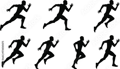 Silhouette sequence of male runner in dynamic sprinting poses, athletic motion cycle, sports training, biomechanics study, fitness exercise vector illustration