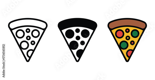 Three pizza slice icons in outline, solid, and color style – vector illustration