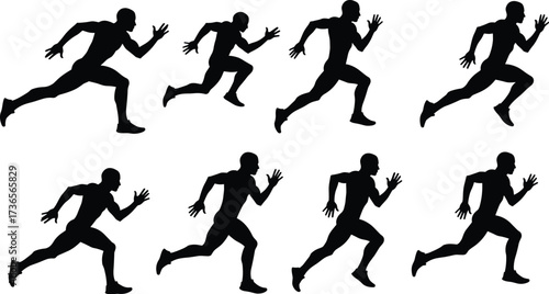 Silhouette sequence of male runner in dynamic sprinting poses, athletic motion cycle, sports training, biomechanics study, fitness exercise vector illustration