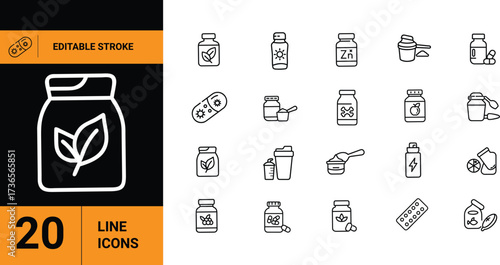 Line Icons Collection Supplements, Pills, and Vitamins for Health and Wellness in Editable Stroke