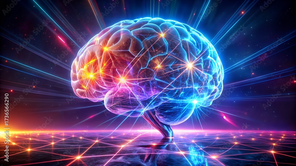Obraz premium A luminous, stylized human brain composed of glowing circuits and light rays, set on a reflective surface with a digital grid, representing the power of thought and artificial intelligence