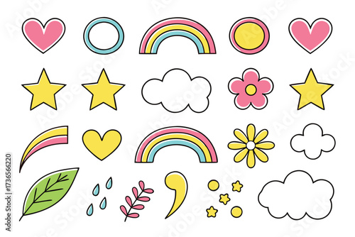 Cute doodle set isolated on white background featuring hearts, stars, rainbows, clouds, flowers, leaves, and other whimsical elements
