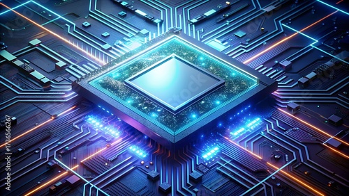 Closeup of a futuristic central processing unit cpu chip on a glowing circuit board with neon blue and orange light trails, representing advanced technology and data processing