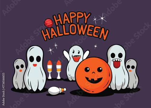 A happy halloween bowling scene with ghosts, a pumpkin ball, and bowling pins on a dark background for a festive holiday theme