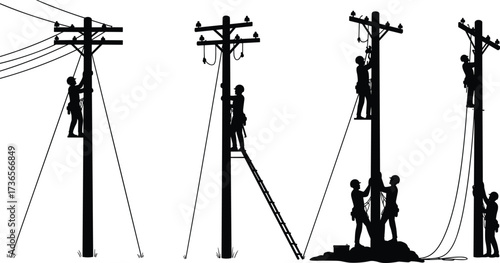 Silhouette utility workers climbing power poles repairing electrical lines teamwork maintenance safety installation electricity distribution infrastructure vector illustration design
